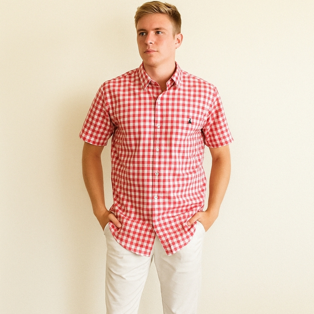Robert Graham shirt men's L pink gingham 100% cotton plaid camp button down